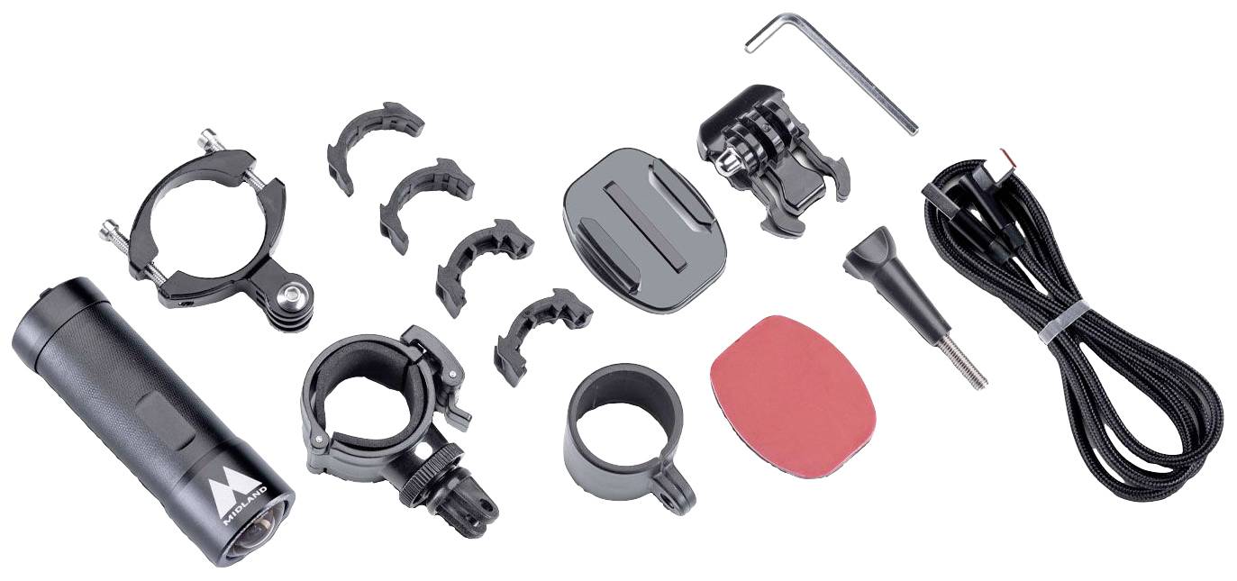 Un set di luci per bicicletta con supporti, adesivi, cavi, chiave e materiali per il montaggio per l'installazione.