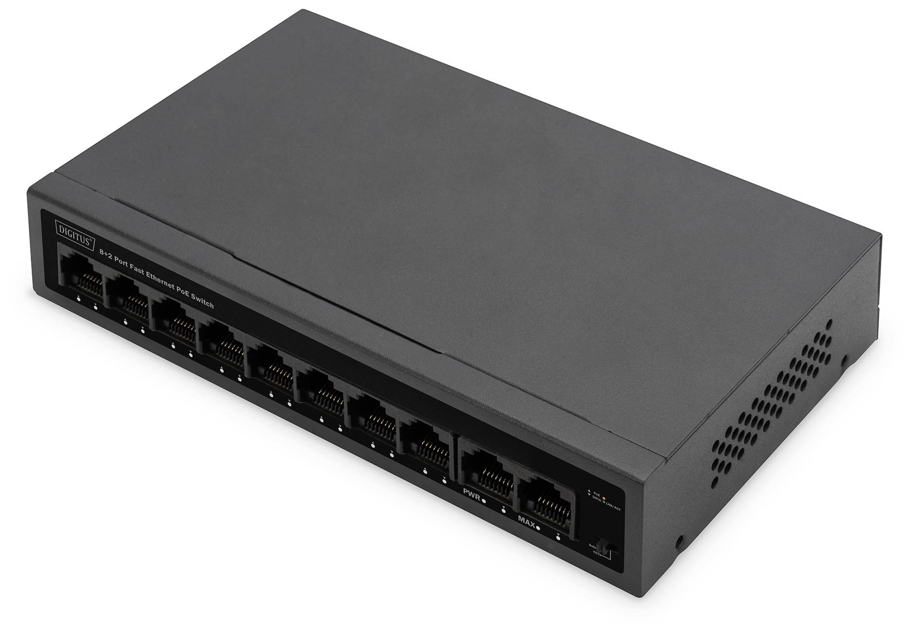 Switch di rete nero con otto porte Ethernet, idoneo per collegare più dispositivi in una rete locale.