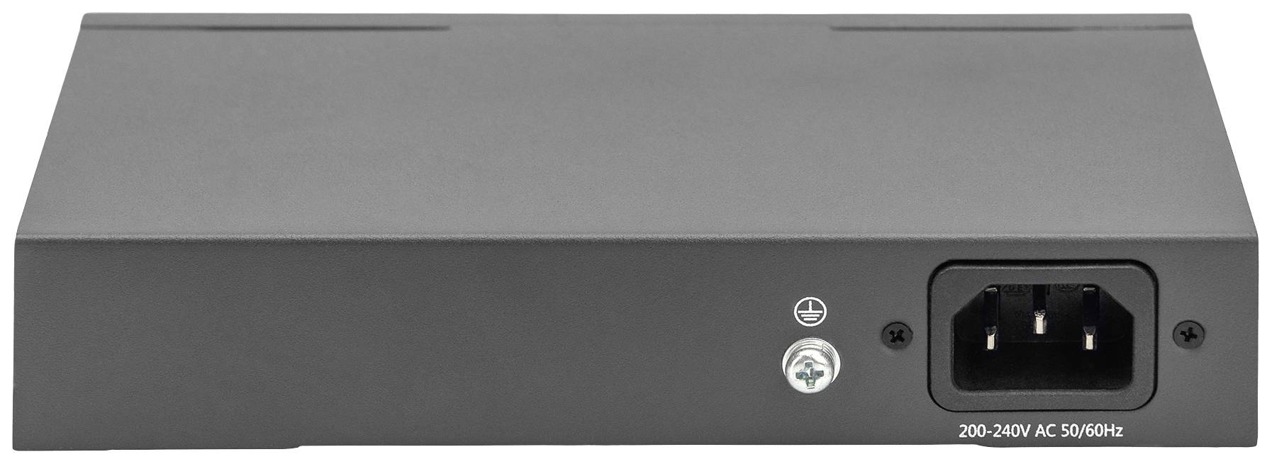 Un dispositivo elettronico nero con una presa di corrente sul retro, adatto per corrente alternata da 200-240V a 50/60Hz.
