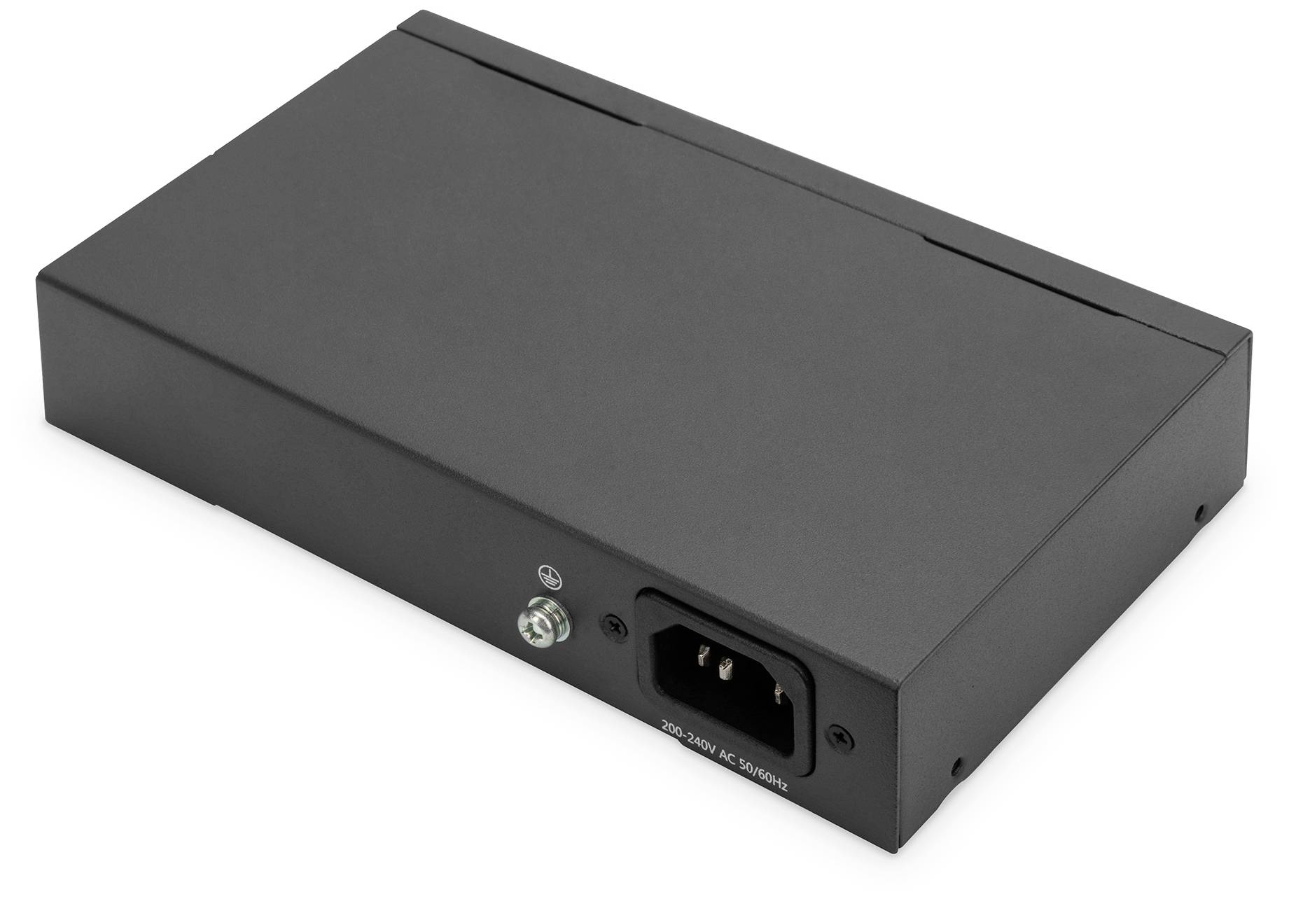 Custodia nera per alimentatore con presa di corrente per 220-240V sul lato frontale. Adatta per dispositivi elettronici.