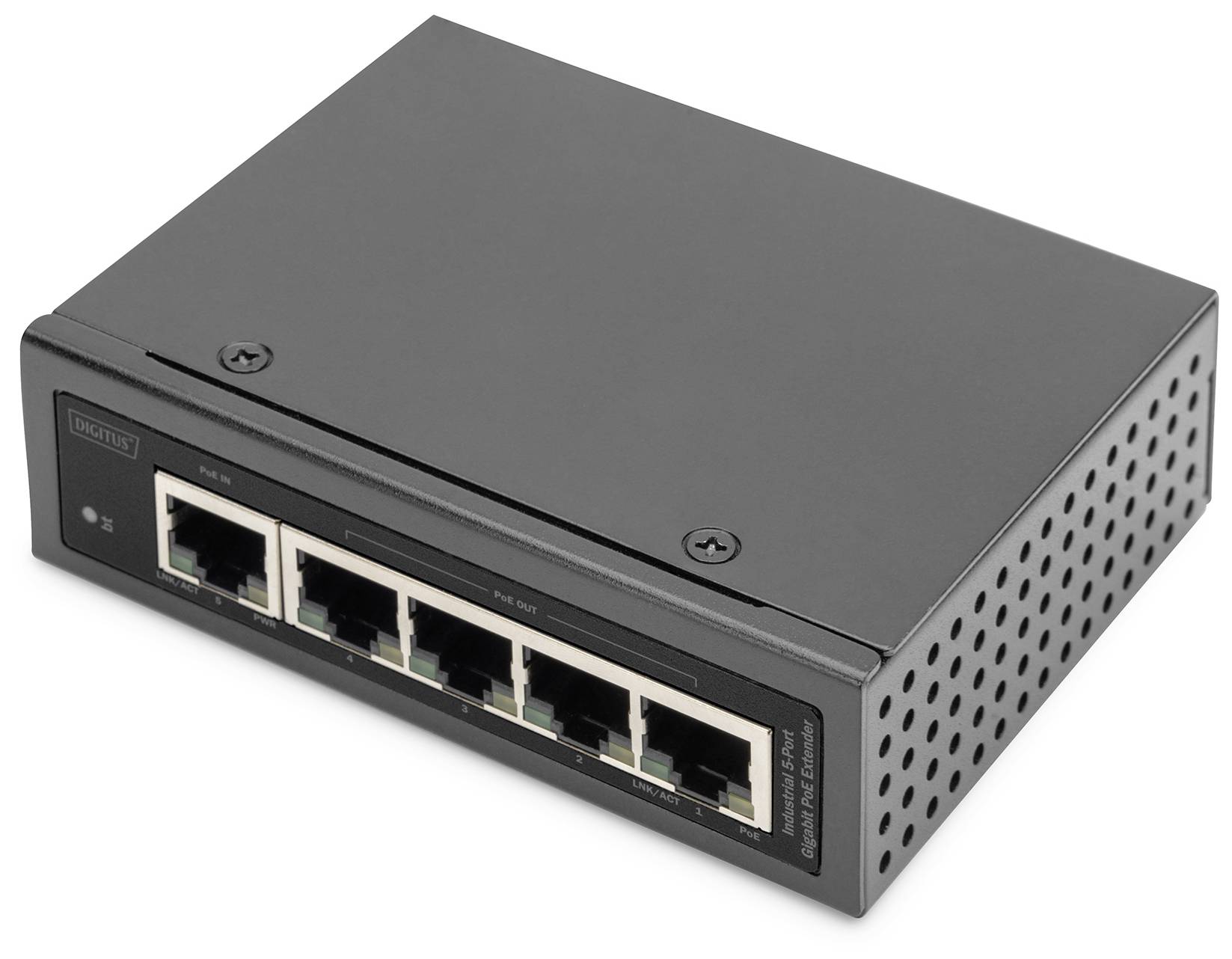 Switch di rete nero compatto con cinque porte Ethernet, adatto per l'espansione di una rete cablata.