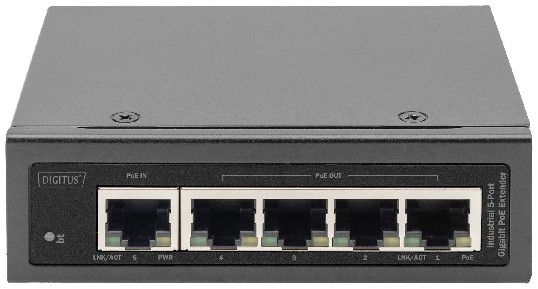 Un extender industriale PoE Gigabit a 5 porte di Digitus con cinque porte Ethernet, adatto per l'espansione di reti.