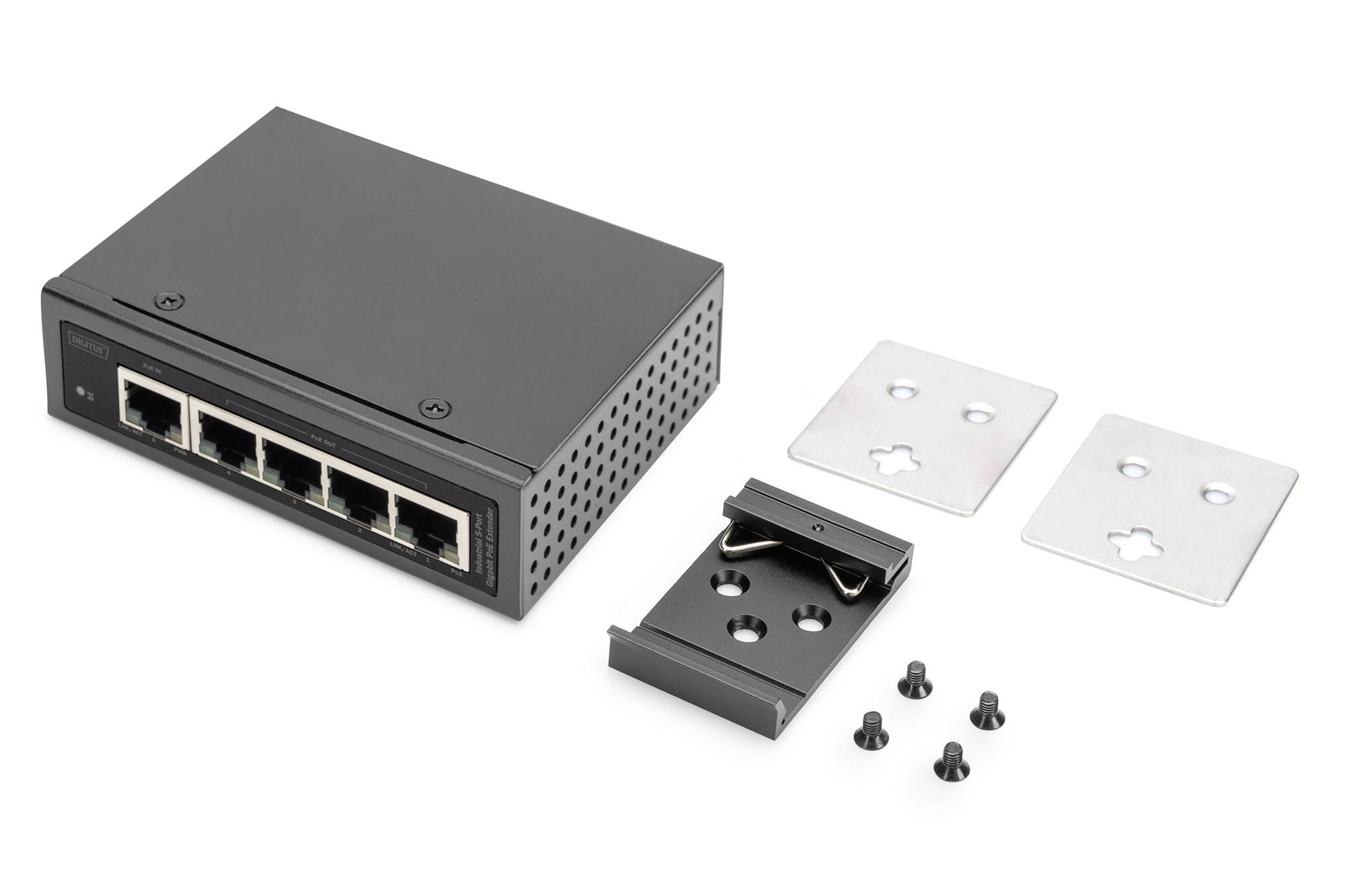 Un interruttore di rete nero con quattro porte Ethernet, accanto a cui sono presenti accessori per il montaggio: due piastre metalliche, una staffa e quattro viti.