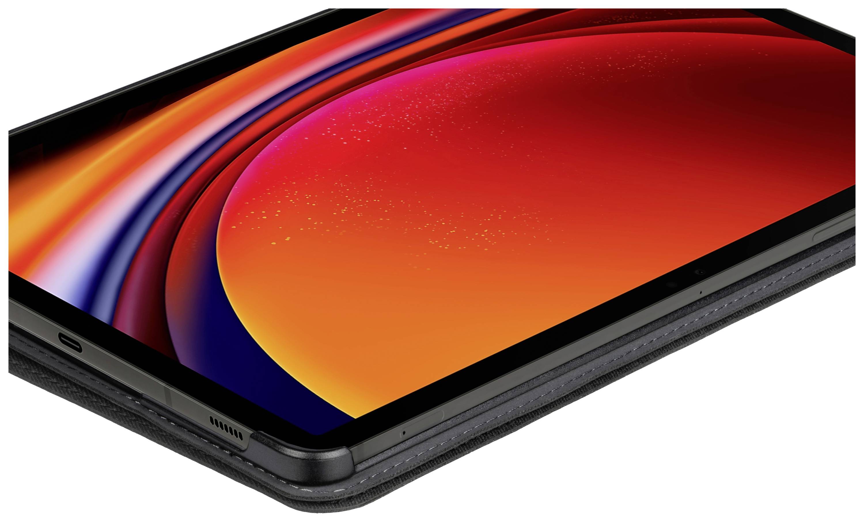 Un tablet moderno con un grande display mostra un design astratto e variopinto in tonalità di rosso e arancione che riempie completamente lo schermo.