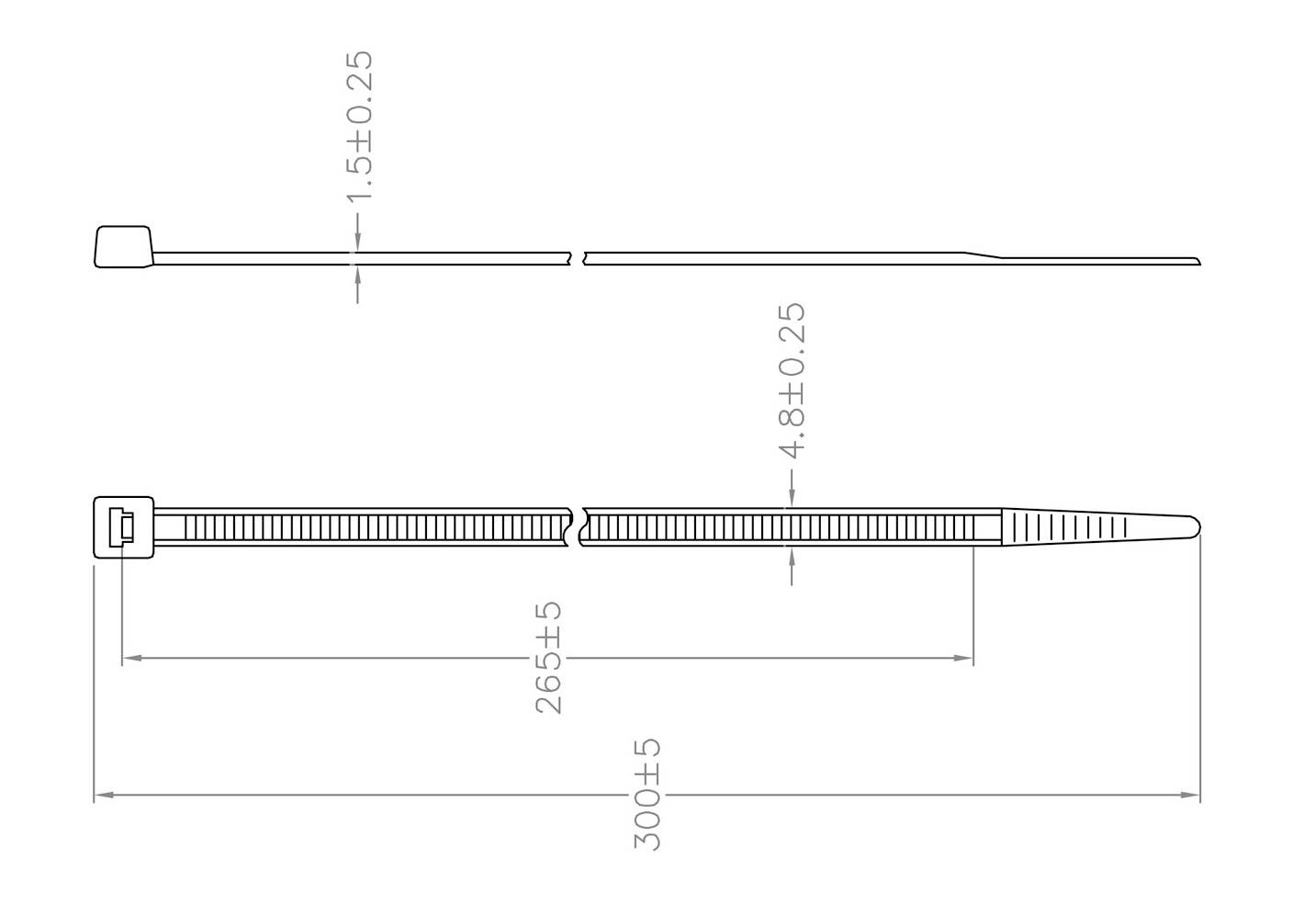 Disegno tecnico di un fascetta fermacavi con dimensioni. Lunghezza: 300 mm, Larghezza: 4,8 mm. Mostra la vista laterale e la vista dall'alto con il meccanismo di chiusura.