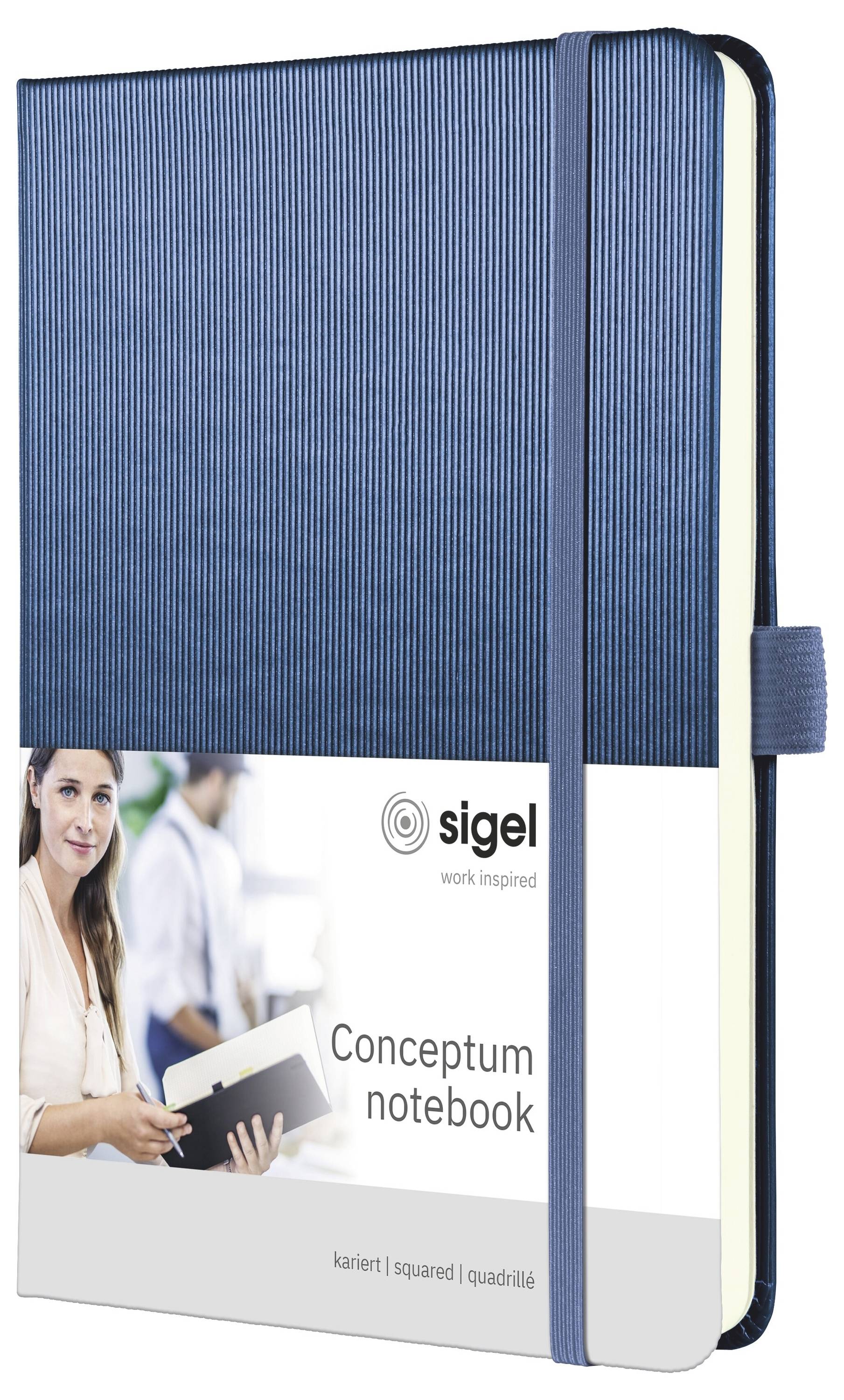 Quaderno rilegato in blu con elastico, etichettato 'sigel' e 'Conceptum notebook', mostrato come confezione del prodotto.