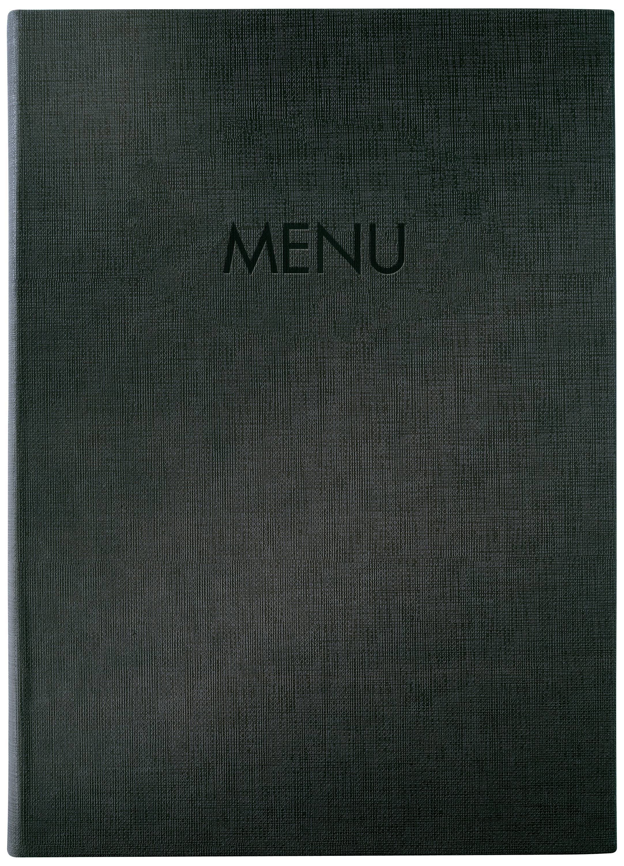 Un cover di menu nero con la parola 'MENU' al centro.