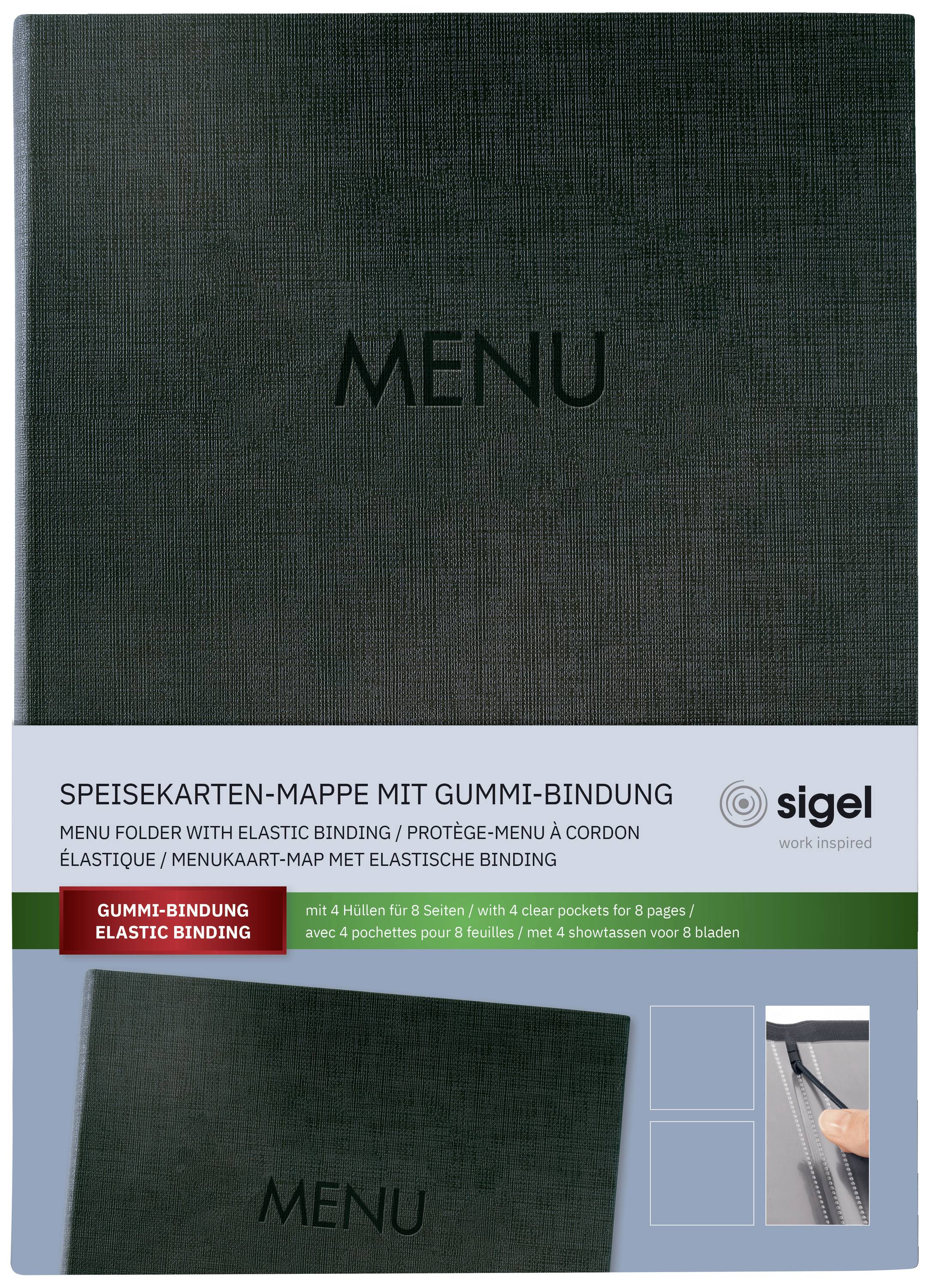 Una cartellina per menu color verde scuro con rilegatura ad elastico di Sigel. Testo sulla copertina: 'MENU'. Adatta per fino a 8 pagine.