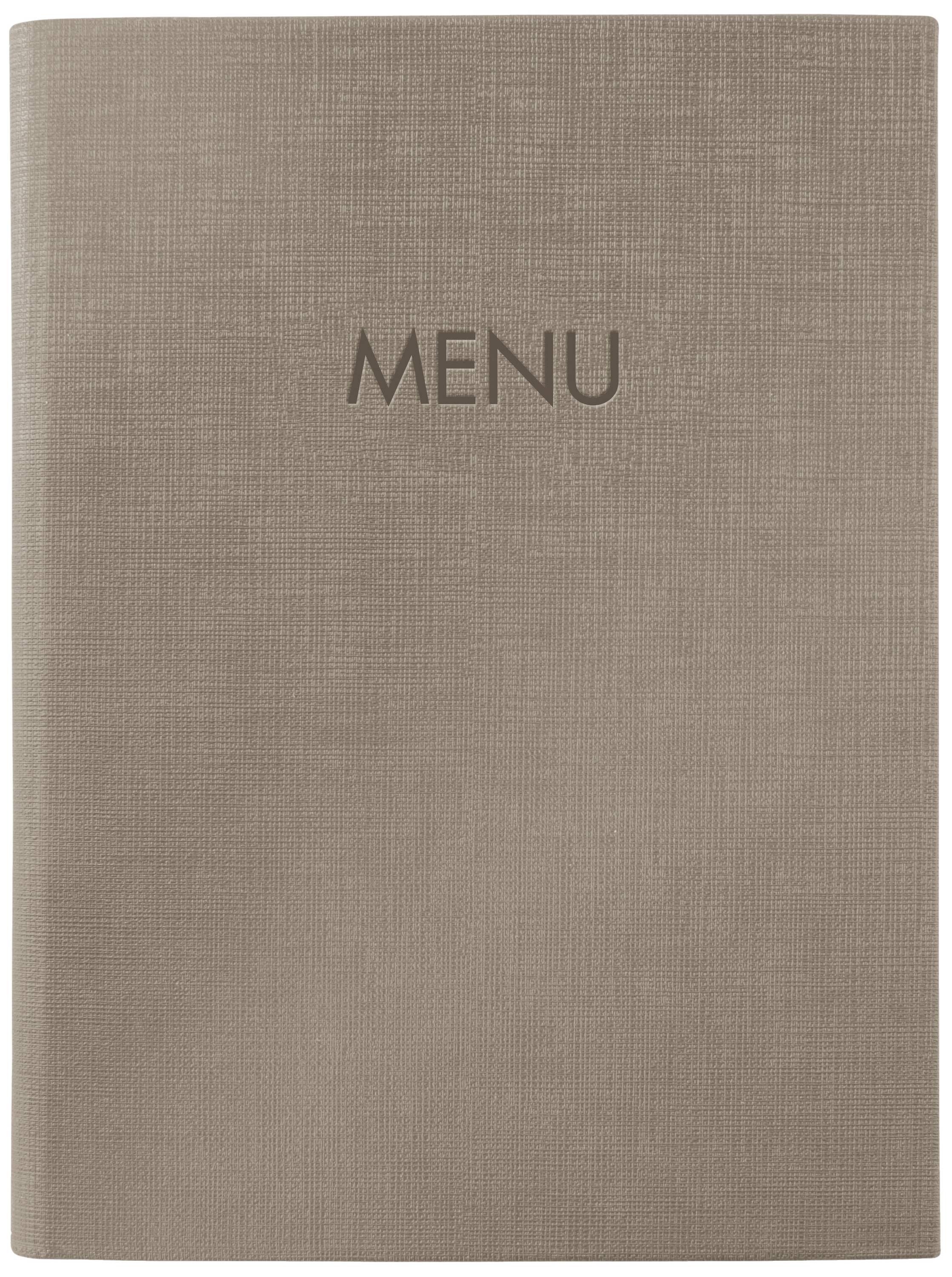 Menu marrone con la parola 'MENU' sulla copertina.