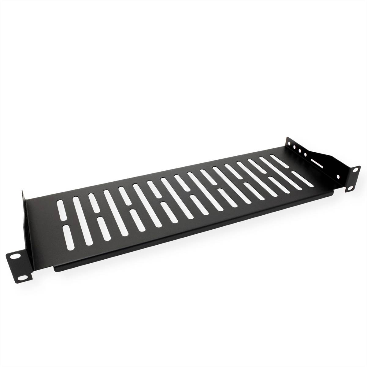 Un vassoio di montaggio nero per rack con fessure di ventilazione. Adatto al fissaggio in un rack per server o apparecchiature audio/video.