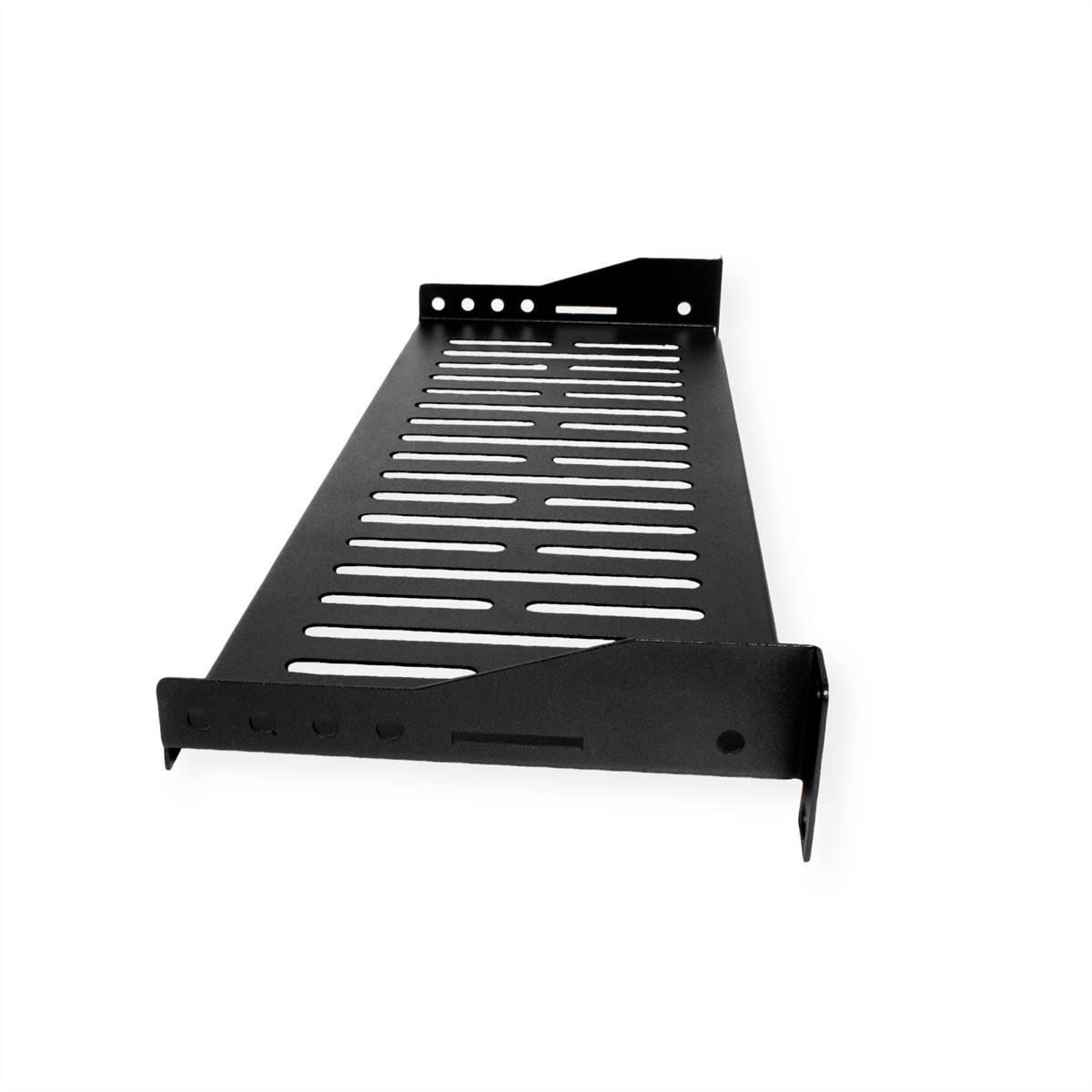 Un rack nero in metallo ventilato per il montaggio in un armadio server, con fori per la gestione dei cavi.