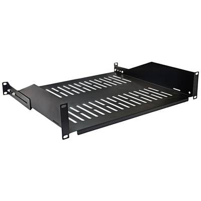 Scaffale nero, aerato per attrezzature IT con supporti laterali, idoneo all'installazione in un rack server.