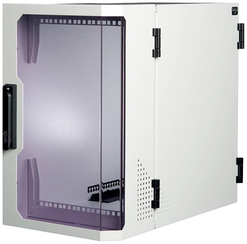 Un armadio server bianco con porta in vetro trasparente, fori di ventilazione e cerniere nere, adatto per attrezzature di rete.