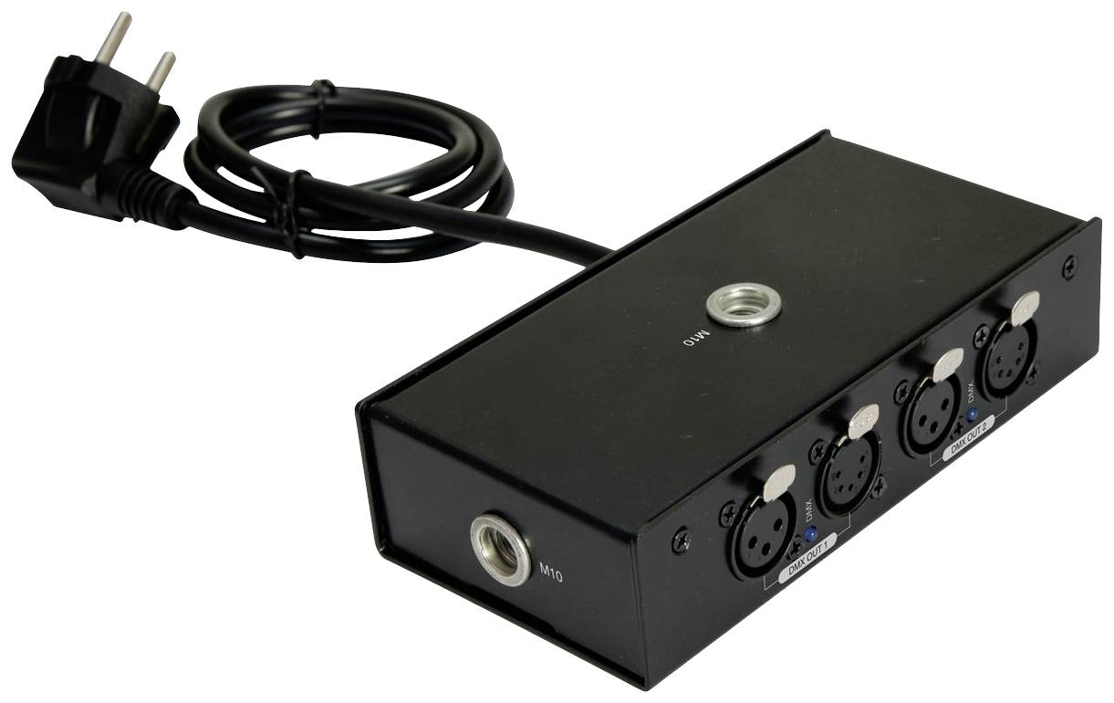 'Scatola multipresa nera con tre connettori XLR e un cavo di alimentazione con spina europea. Idonea per applicazioni audio.'