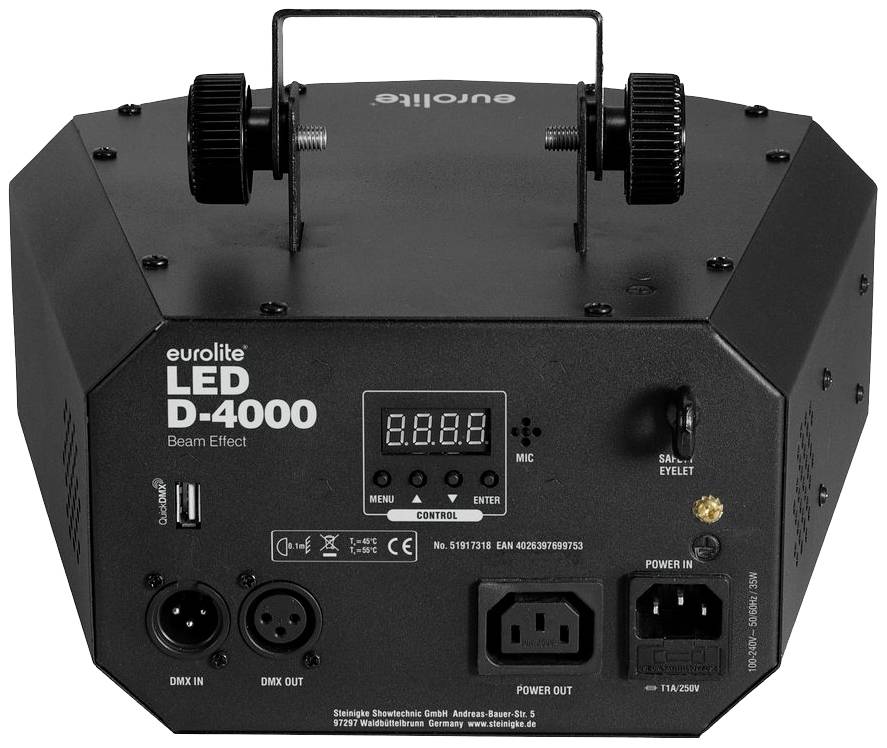 Vista posteriore di un effetto luce con più connessioni e comandi, etichettata 'Eurolite LED D-4000 Beam Effect'.