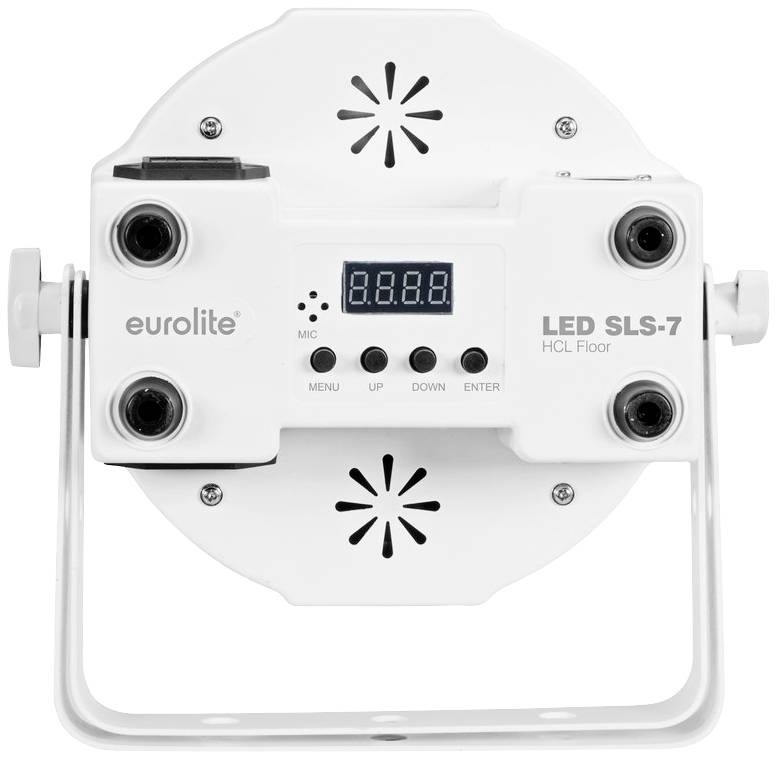 Un proiettore LED 'Eurolite LED SLS-7 HCL Floor' con display, microfono, tasti di controllo e supporto regolabile.