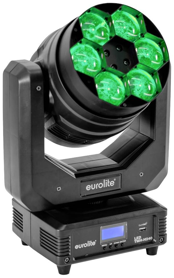 Proiettore LED di Eurolite, modello TMH-X20. Il dispositivo ha sette luci verdi e un display digitale alla base.