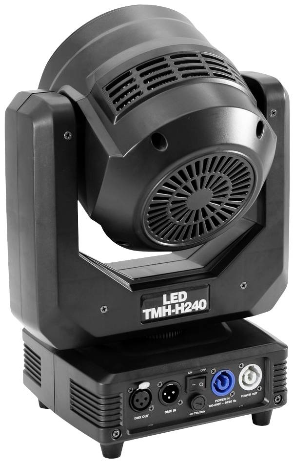 Proiettore rotante LED TMH-H240, nero, con testa regolabile, ventola e multiple connessioni sul retro.