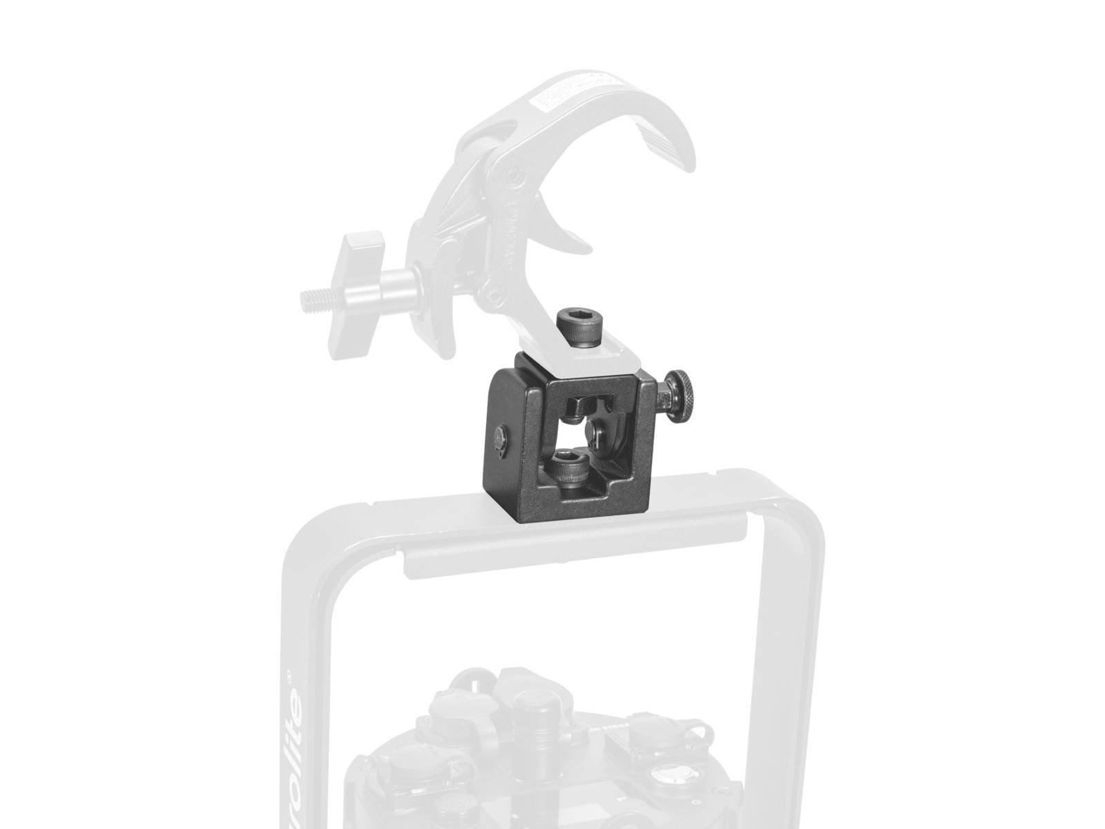 Morsetto metallico per supporto fotocamera con chiusura a vite, idoneo per stabilizzare e fissare attrezzature fotografiche.