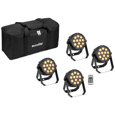 Quattro proiettori LED neri con luce arancione e telecomando, accanto a una borsa porta-accessori nera con il logo 'eurolite'.