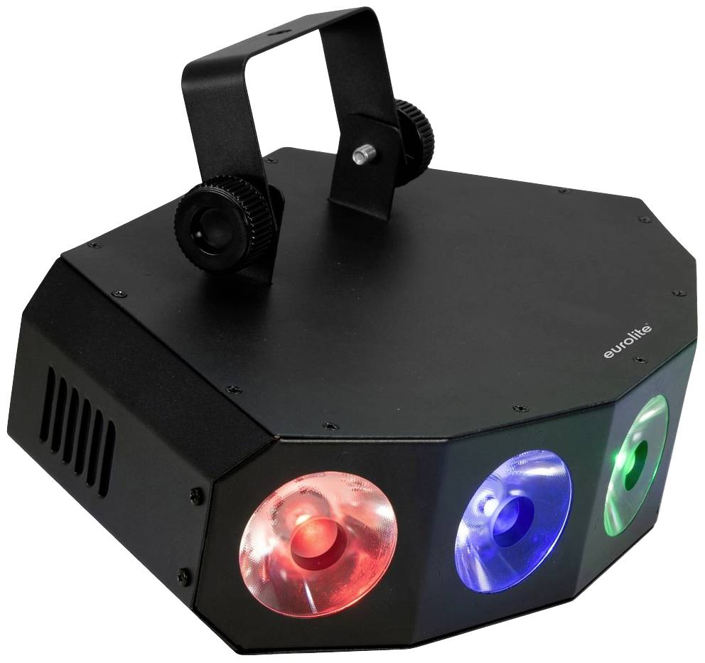 Dispositivo di illuminazione nero con tre lenti colorate in rosso, blu e verde, per la creazione di effetti luminosi durante gli eventi.