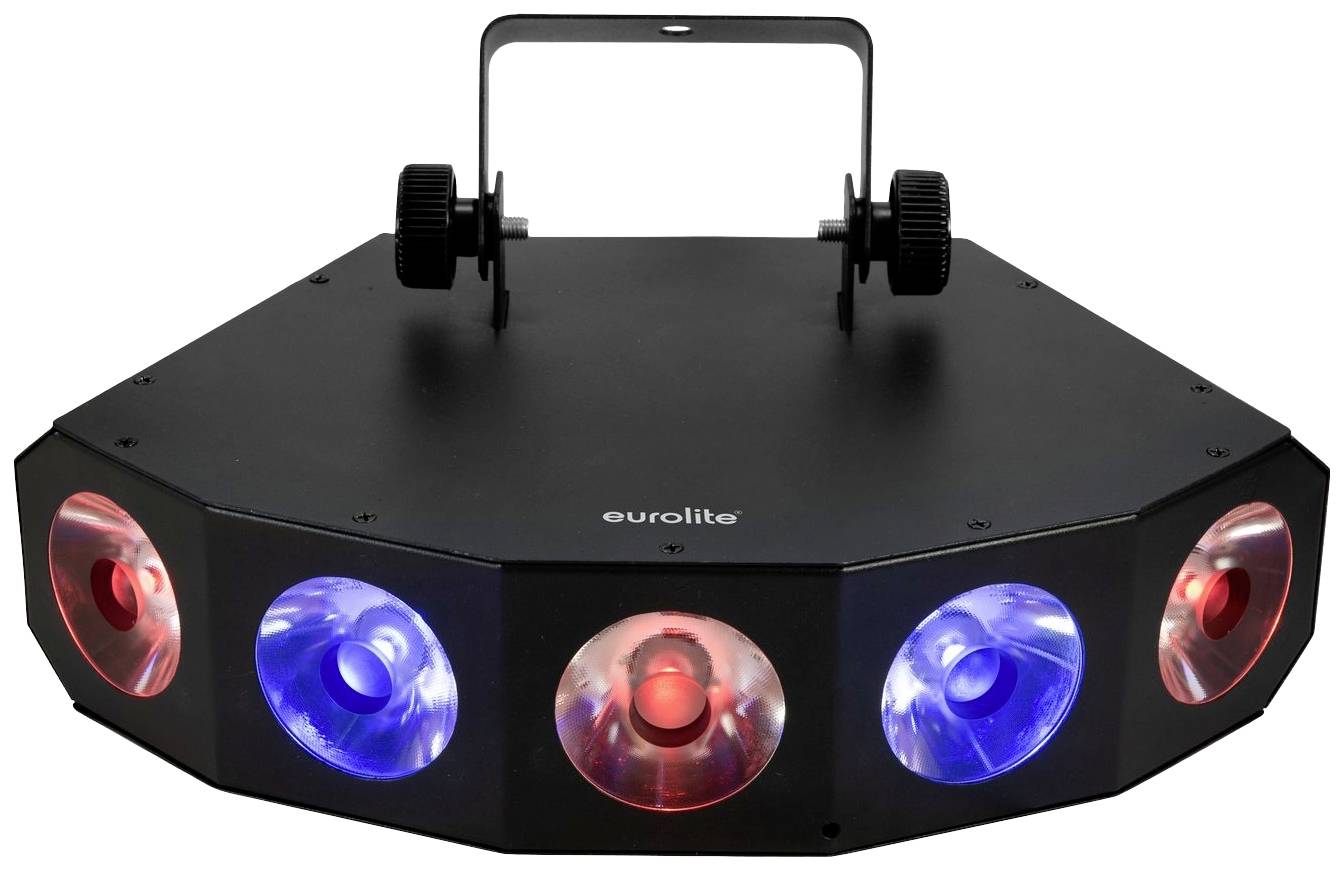 Un dispositivo di effetti luce LED con cinque lenti multicolore. Ha un manico per il fissaggio ed è nero con il logo 'eurolite'.