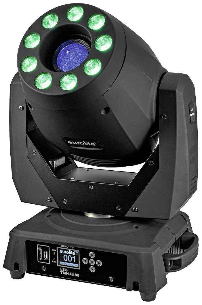 'Dispositivo nero per effetti luminosi a LED con design circolare, bordo verde e display digitale. Nome del marchio visibile sulla custodia.'