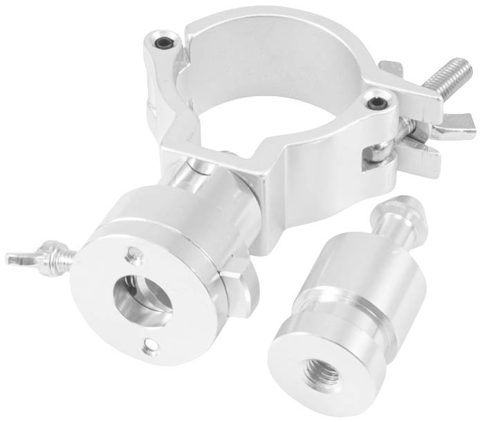 Morsetto tubolare in argento con due pezzi di fissaggio rimovibili. Adatto per applicazioni di supporto e connessione in ambito meccanico.