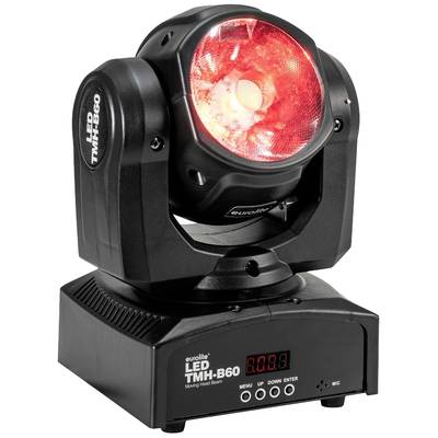 Proiettore LED nero con testa illuminata di rosso e scritta 'EUROLITE LED TMH-B60' sulla base. Mostra un display digitale.