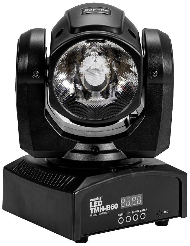 Un proiettore testamobile LED nero e compatto del marchio 'Eurolite LED TMH-B60' con pannello di controllo digitale alla base.