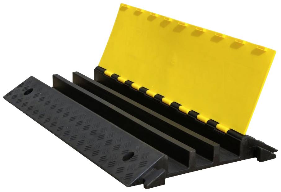 Un canale portacavi in giallo e nero con un coperchio ribaltabile che protegge più gruppi di cavi. Adatto per cantieri edili.