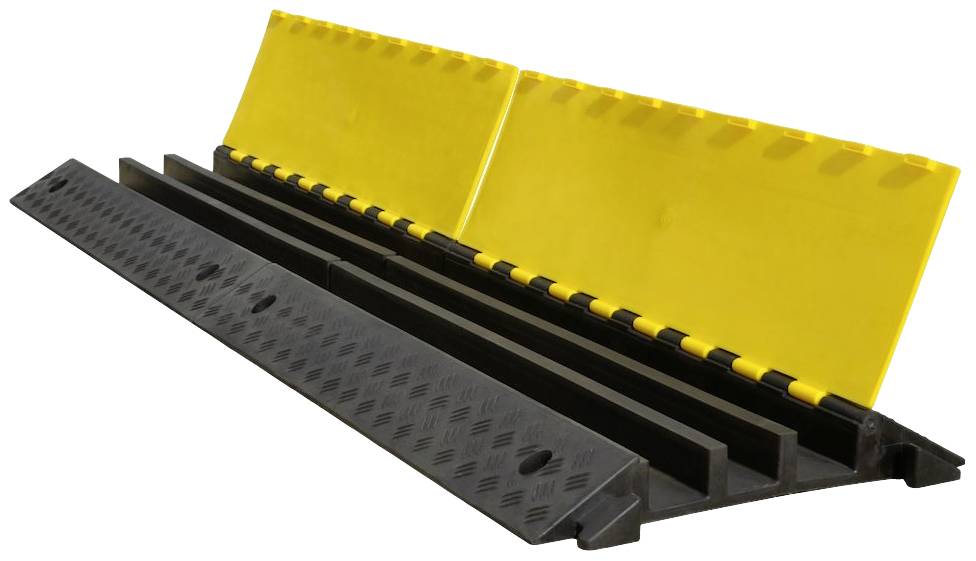 Un sistema di copertura per cavi giallo e nero con due rampe per la protezione e l'organizzazione dei cavi durante eventi e cantieri.
