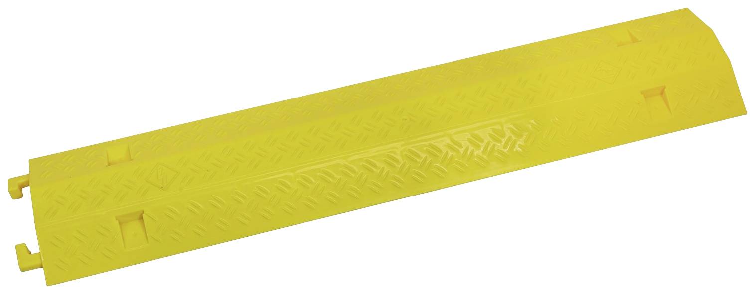 Ponte per cavi giallo in plastica, con superficie antiscivolo e canale integrato per cavi. Adatto per la sicurezza nei cantieri.