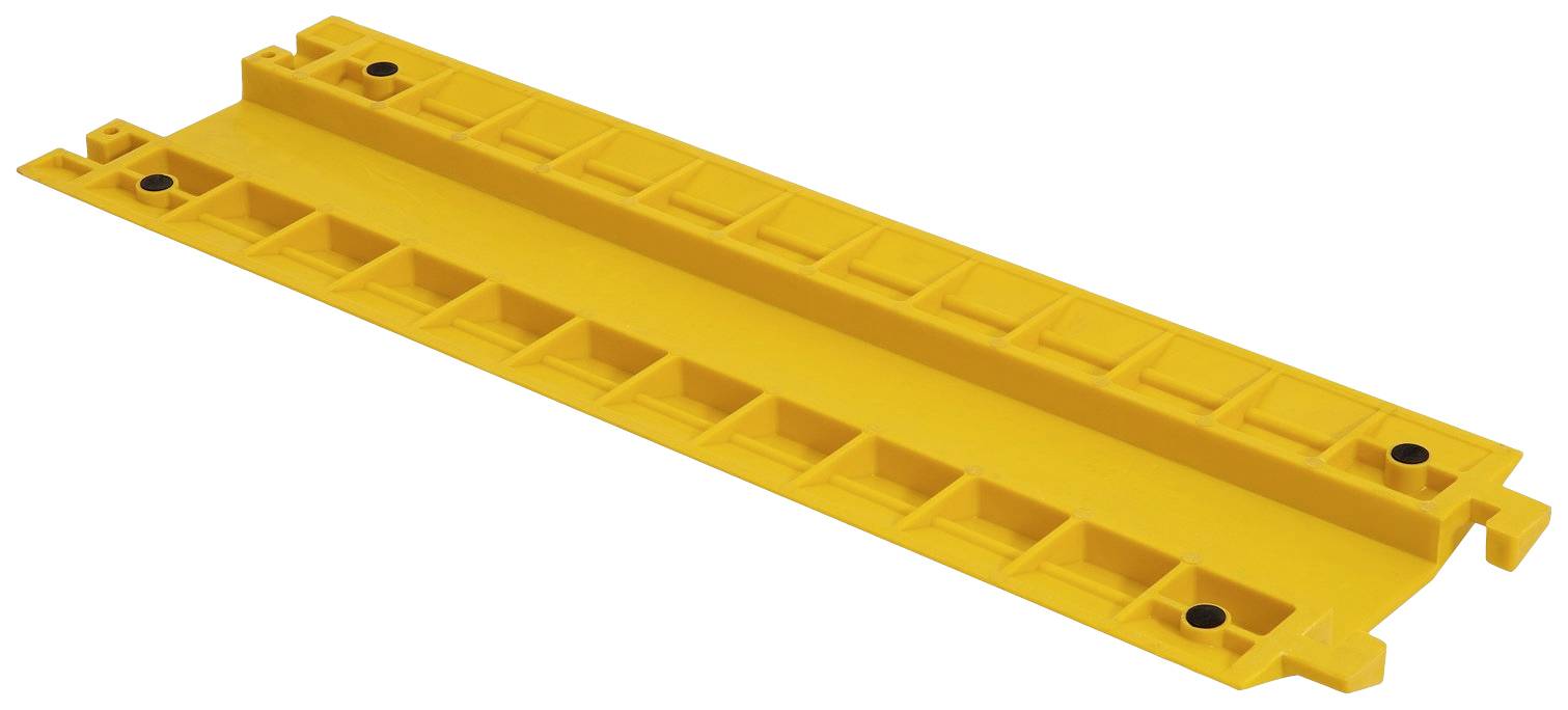 Elemento di copertura per cavi in colore giallo con superficie leggermente scanalata e punti di fissaggio alle estremità. Adatto alla copertura e protezione di cavi.