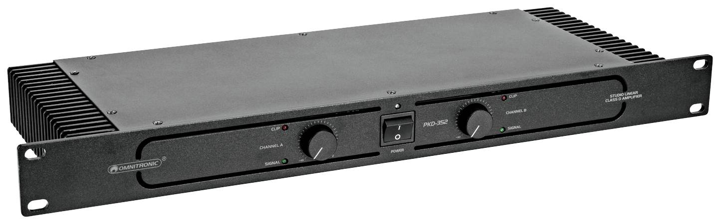 Amplificatore audio nero in un involucro sottile e orizzontale con due manopole e indicatori LED sul lato frontale.