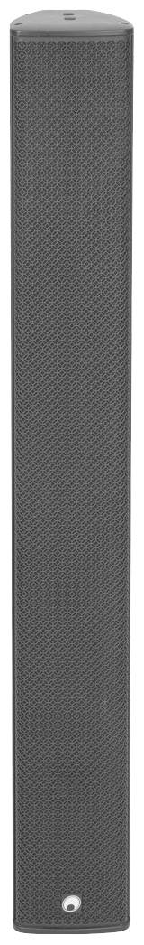 Altoparlante sottile in nero e grigio, di forma rettangolare, posizionato verticalmente, con un design a griglia finemente strutturato.