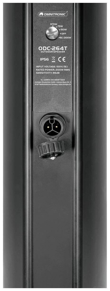 'OMNITRONIC ODC-264T' Vista dell'altoparlante, involucro nero, presa di connessione, dettagli tecnici stampati sopra.