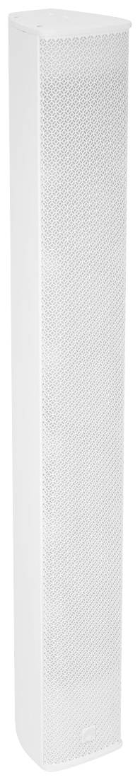 Altoparlante bianco e snello con un design semplice e moderno. Adatto all'uso verticale in ambienti residenziali o commerciali.