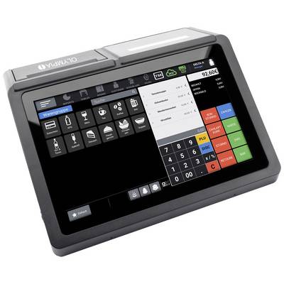 Un sistema di cassa elettronico con schermo touch mostra diverse opzioni di menu e un tastierino numerico sul display per l'utilizzo.