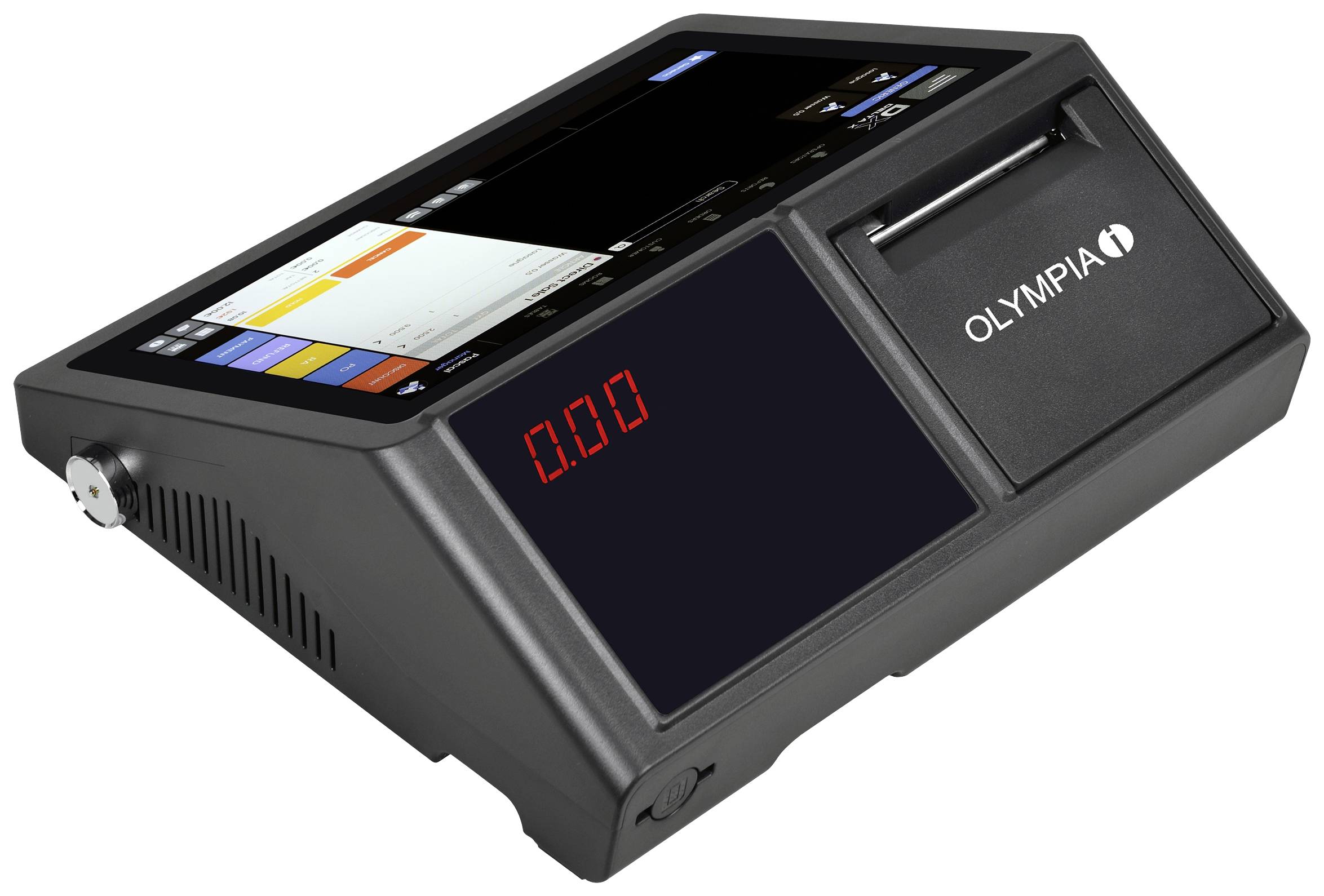 Sistema di cassa elettronico con schermo touch, mostra display digitali e stampa di scontrini, adatto per aree di vendita.