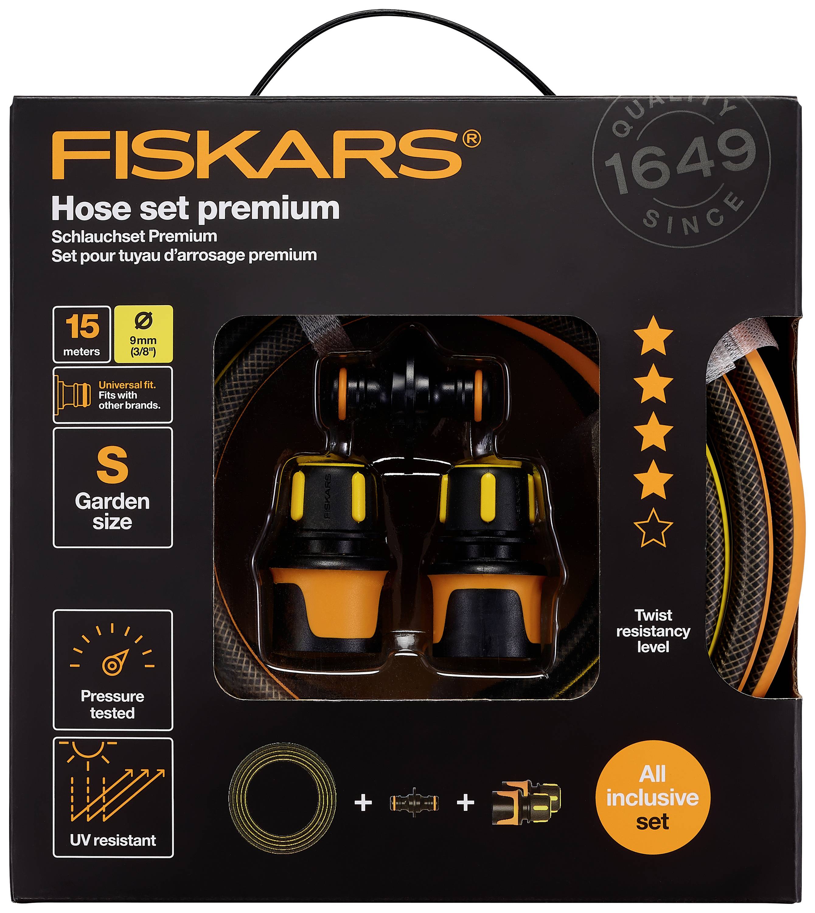 'Set di tubi Fiskars Premium', 15 metri, 9 mm, con raccordi. Resistente ai raggi UV e alla pressione. Include accessori da giardino. Confezione mostra una valutazione di 5 stelle.