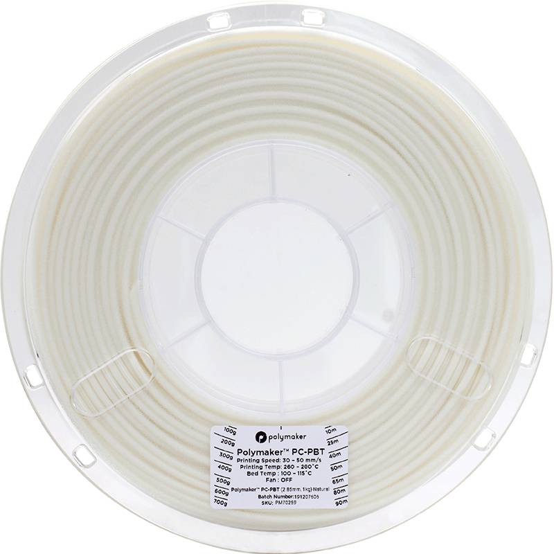 Bobina con filamento per stampa 3D bianco. L'etichetta mostra il marchio 'Polymaker PC-PBT', temperatura di stampa 260-280°C, peso 1000g.