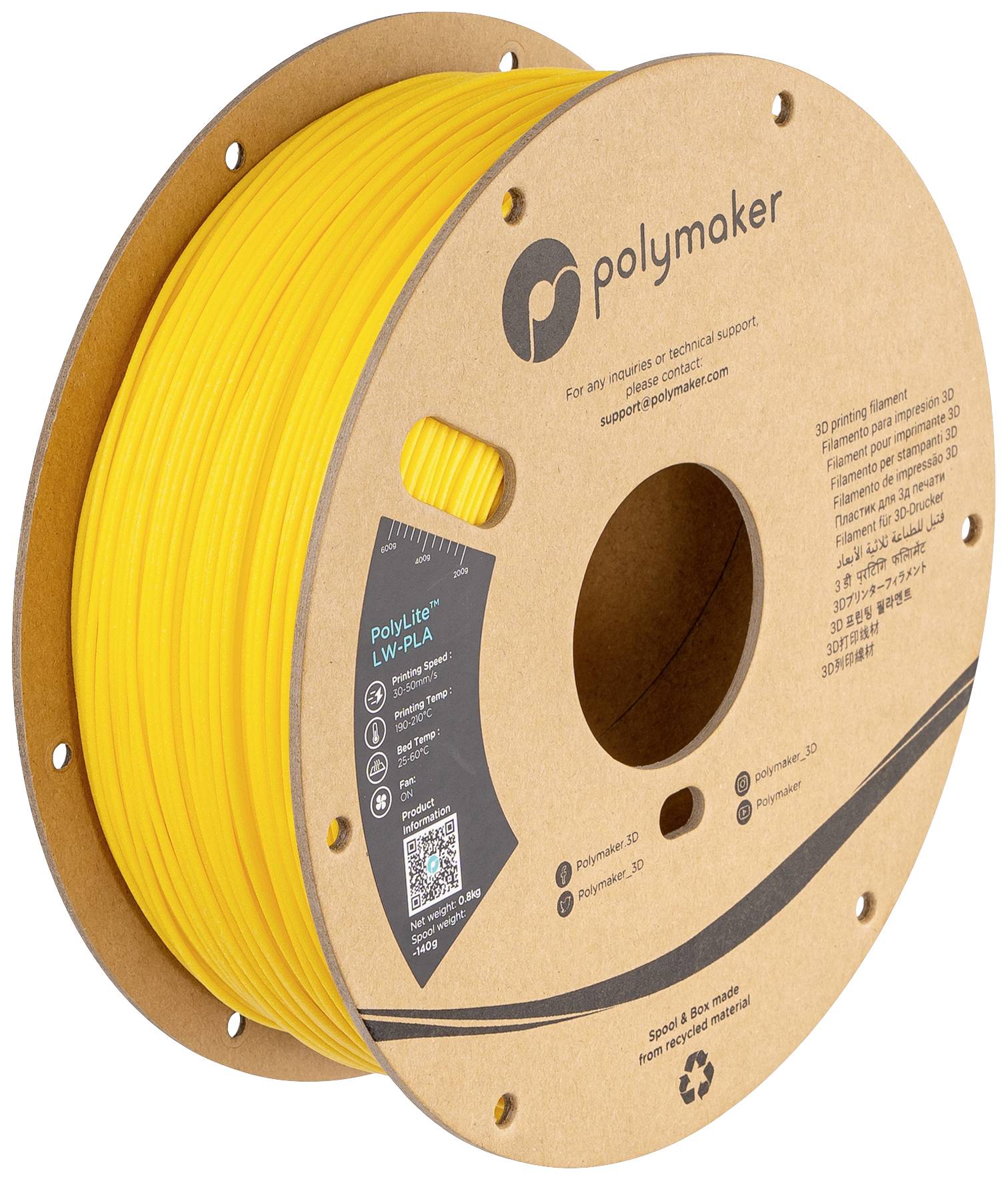 Bobina di filamento 3D giallo del marchio Polymaker, modello 'PolyLite LW-PLA', idoneo per applicazioni di alleggerimento strutturale.