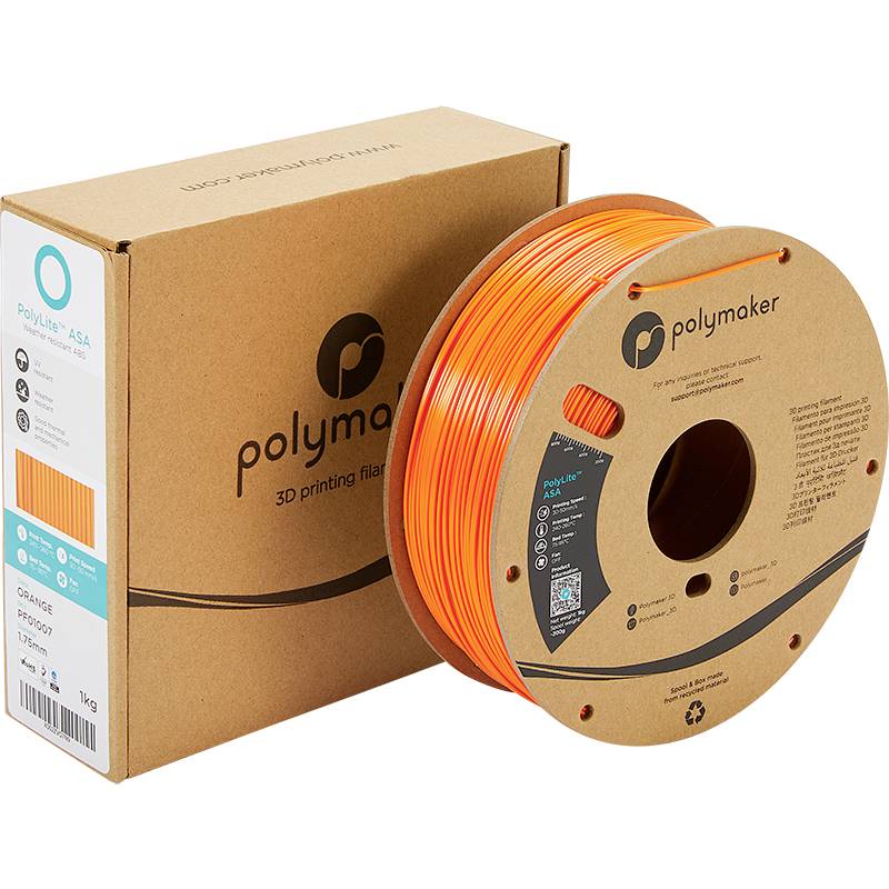 'Polymaker Polylite A54' filamento per stampa 3D arancione su bobina accanto alla confezione.
