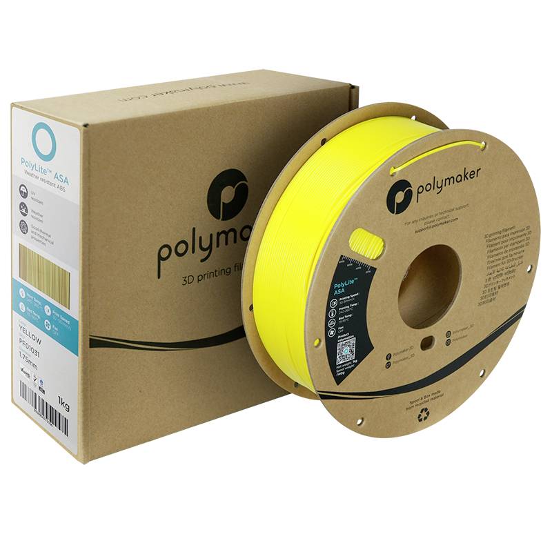 Una confezione di filamento per stampa 3D Polymaker accanto a un rotolo di filamento giallo con logo del marchio e dettagli tecnici sul rotolo.