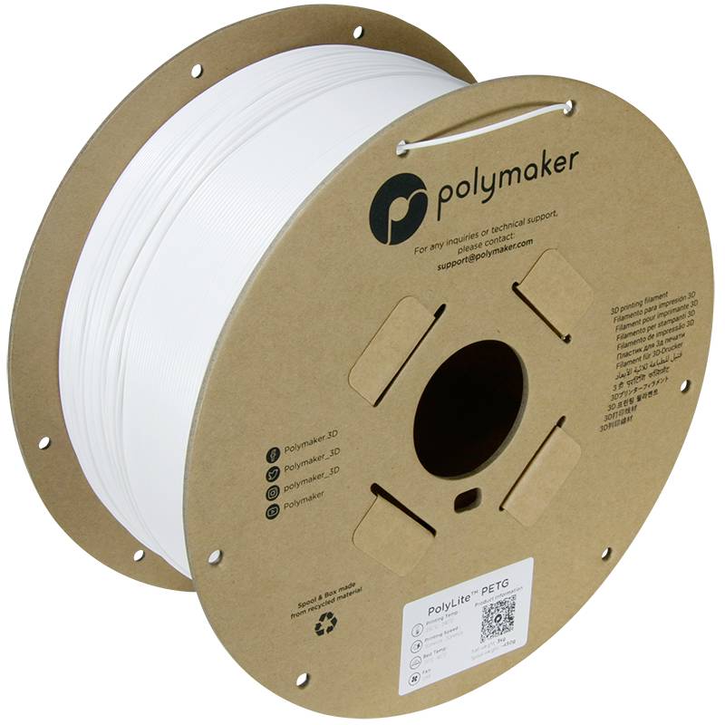 Una bobina di filamento bianco per stampante 3D di 'Polymaker'. Il filamento è realizzato in materiale PETG. Specifiche del produttore e codice QR sulla bobina.