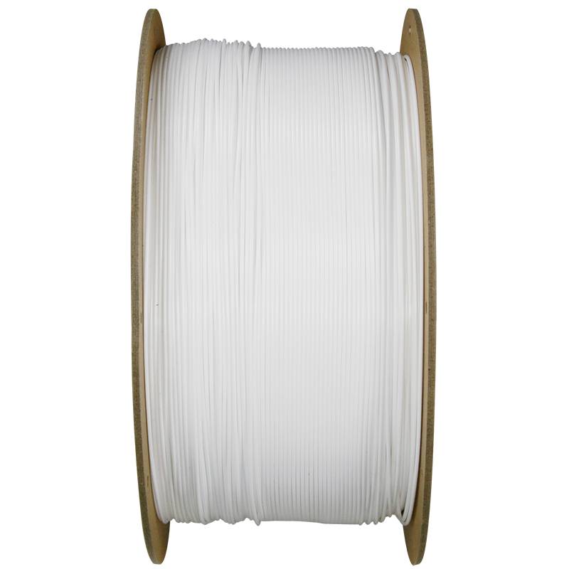 Bobina di filamento bianco per stampante 3D, completamente avvolta.