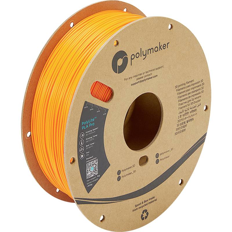 Un rotolo di filamento PLA arancione di Polymaker, adatto per stampanti 3D, su una bobina di cartone con marcature e codice QR.