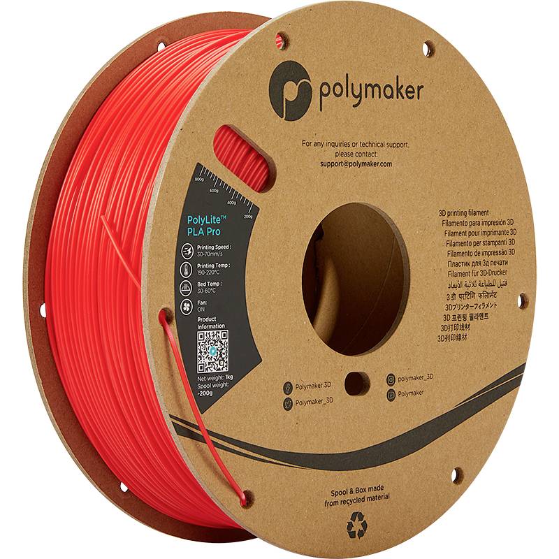 Bobina di filamento per stampante 3D di colore rosso, marca 'Polymaker', realizzata con materiale ecologico.