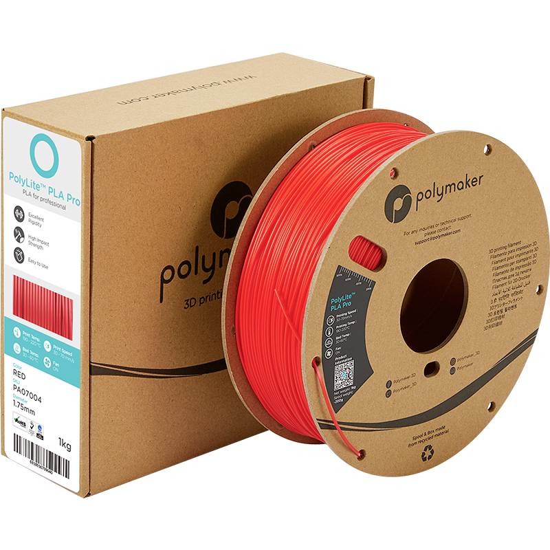 Rotoli di filamento 3D rosso di PolyLite accanto alla confezione di cartone marrone, etichettata 'Polymaker', adatto per stampanti 3D.